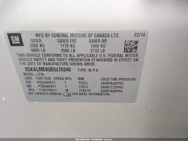 Aukcja sprzedaży 2014 Gmc Terrain Sle-1, vin: 2GKALMEK8E6276040, numer aukcji: 45507495