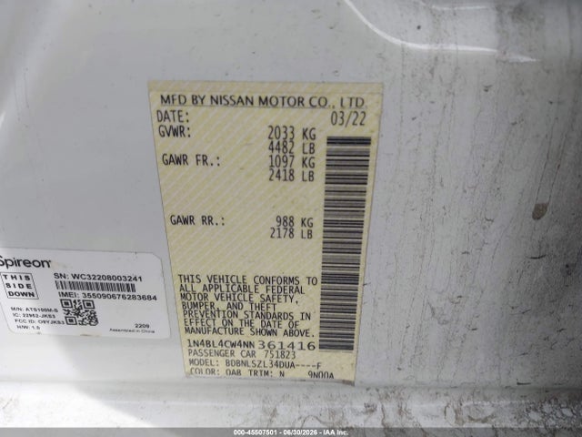 Aukcja sprzedaży 2022 Nissan Altima Sr Intelligent Awd, vin: 1N4BL4CW4NN361416, numer aukcji: 45507501