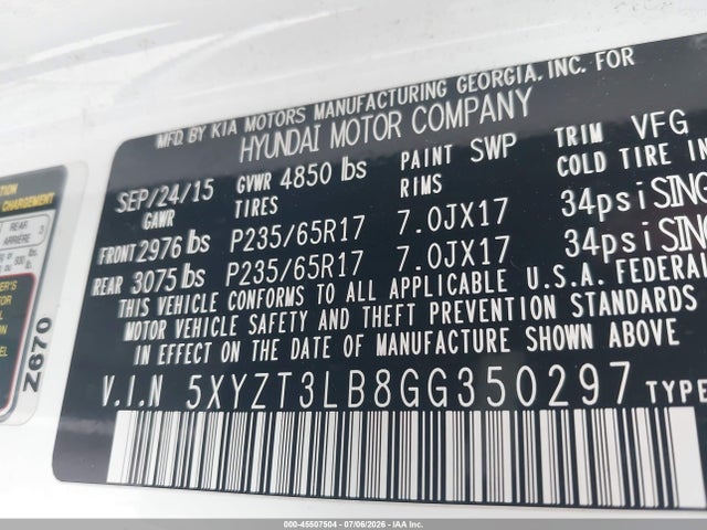 2016 Hyundai Santa Fe Sport 2.4l მანქანა იყიდება აუქციონზე, vin: 5XYZT3LB8GG350297, აუქციონის ნომერი: 45507504
