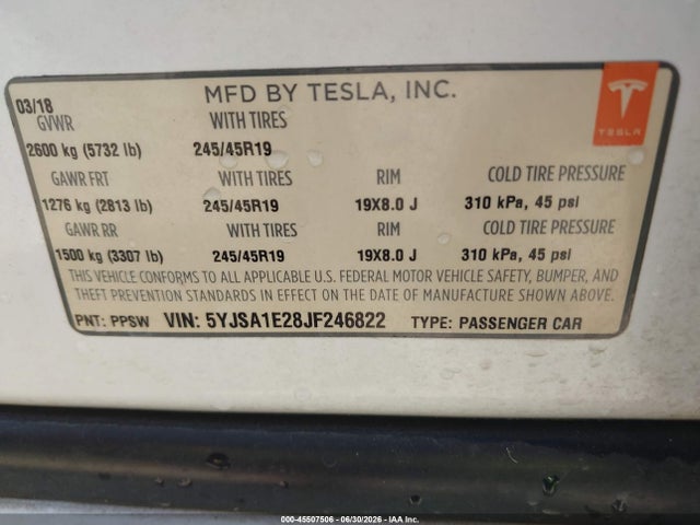 45507506 :رقم المزاد ، 5YJSA1E28JF246822 vin ، 2018 Tesla Model S 100d/75d/p100d مزاد بيع