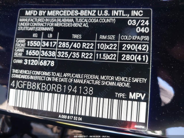 Aukcja sprzedaży 2024 Mercedes-benz Amg Gle 63 S 4matic+, vin: 4JGFB8KB0RB194138, numer aukcji: 45507517