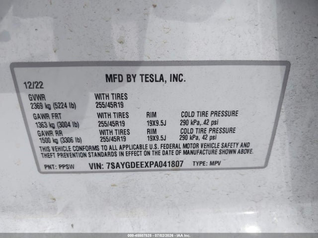 2023 Tesla Model Y Awd/long Range Dual Motor All-wheel Drive მანქანა იყიდება აუქციონზე, vin: 7SAYGDEEXPA041807, აუქციონის ნომერი: 45507525