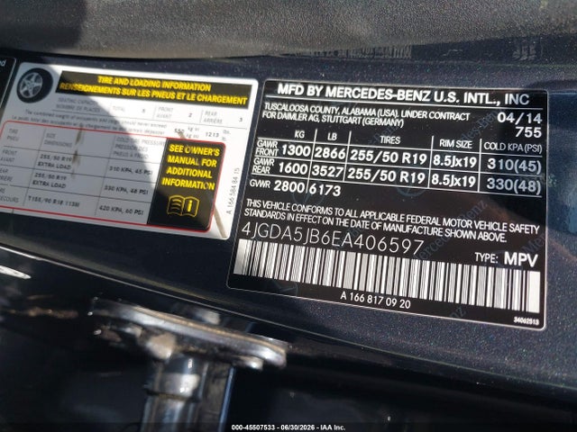 45507533 :رقم المزاد ، 4JGDA5JB6EA406597 vin ، 2014 Mercedes-benz Ml 350 مزاد بيع