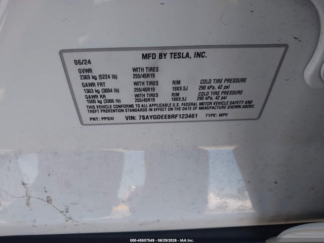 45507549 :رقم المزاد ، 7SAYGDEE8RF123461 vin ، 2024 Tesla Model Y Long Range Dual Motor All-wheel Drive مزاد بيع