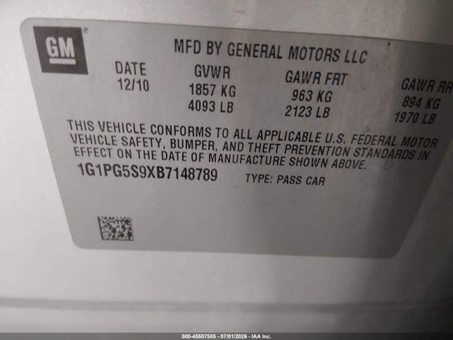 Auction sale of the 2011 Chevrolet Cruze 2lt, vin: 1G1PG5S9XB7148789, lot number: 45507585
