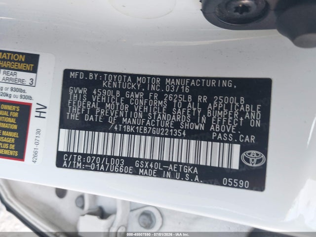 2016 Toyota Avalon Xle მანქანა იყიდება აუქციონზე, vin: 4T1BK1EB7GU221354, აუქციონის ნომერი: 45507590