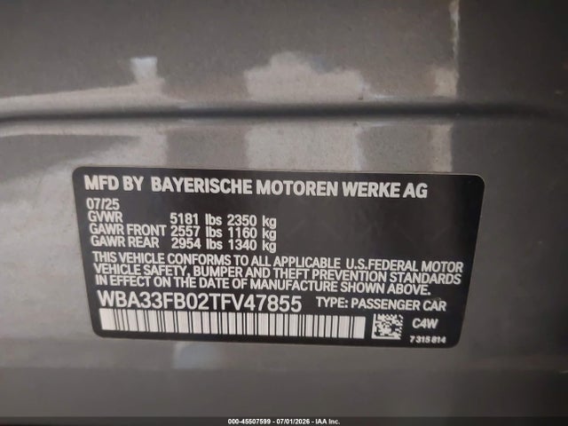 45507599 :رقم المزاد ، WBA33FB02TFV47855 vin ، 2026 Bmw 430i Gran Coupe Xdrive مزاد بيع