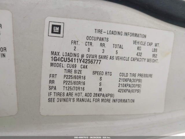 Aukcja sprzedaży 2000 Buick Park Avenue Ultra, vin: 1G4CU5411Y4256777, numer aukcji: 45507610