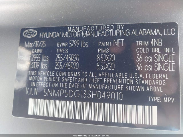 2025 Hyundai Santa Fe Hybrid Calligraphy მანქანა იყიდება აუქციონზე, vin: 5NMP5DG13SH049010, აუქციონის ნომერი: 45507632
