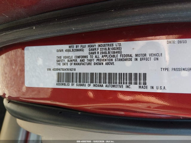 Продаж на аукціоні авто 2004 Subaru Outback, vin: 4S3BH675047616218, номер лоту: 45507650