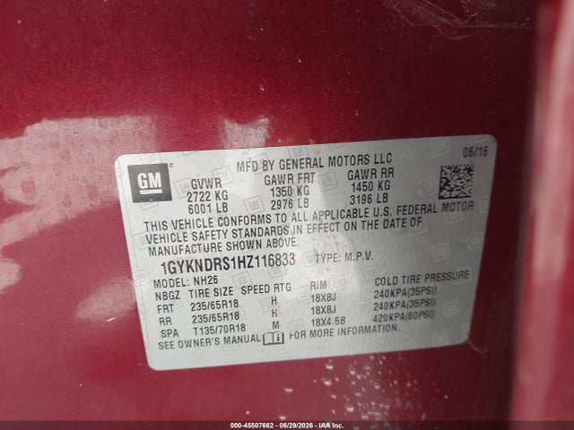 45507662 :رقم المزاد ، 1GYKNDRS1HZ116833 vin ، 2017 Cadillac Xt5 Luxury مزاد بيع