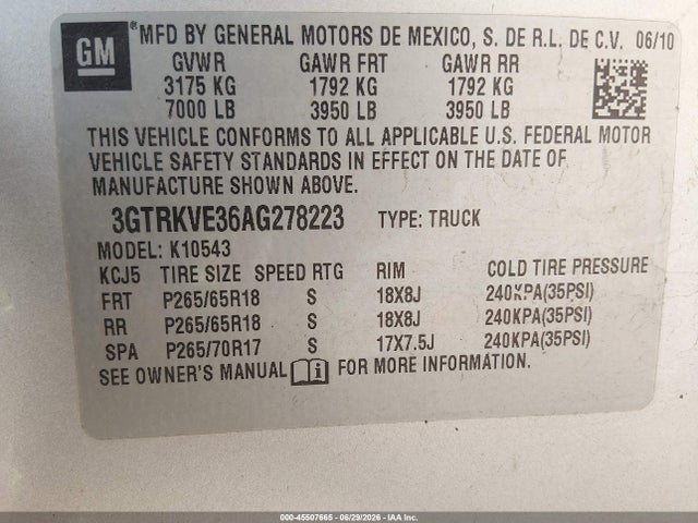 45507665 :رقم المزاد ، 3GTRKVE36AG278223 vin ، 2010 Gmc Sierra 1500 Sle مزاد بيع