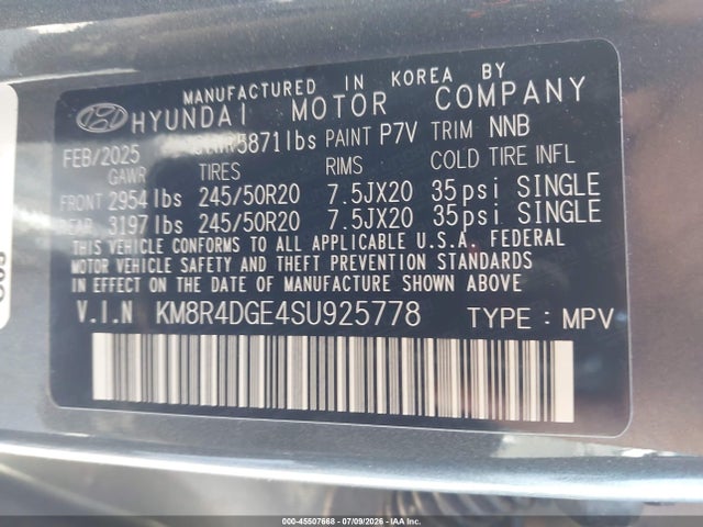 Aukcja sprzedaży 2025 Hyundai Palisade Sel Premium, vin: KM8R4DGE4SU925778, numer aukcji: 45507668