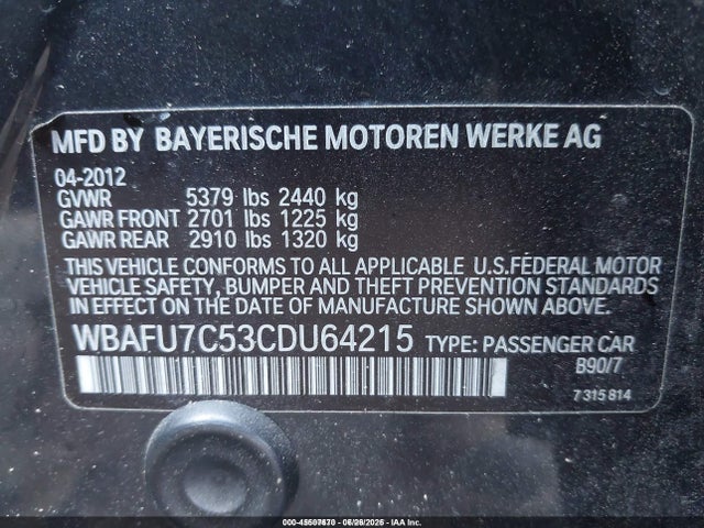 Aukcja sprzedaży 2012 Bmw 535i Xdrive, vin: WBAFU7C53CDU64215, numer aukcji: 45507670
