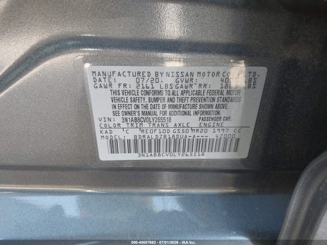 2020 Nissan Sentra Sv Xtronic Cvt მანქანა იყიდება აუქციონზე, vin: 3N1AB8CV0LY265518, აუქციონის ნომერი: 45507693