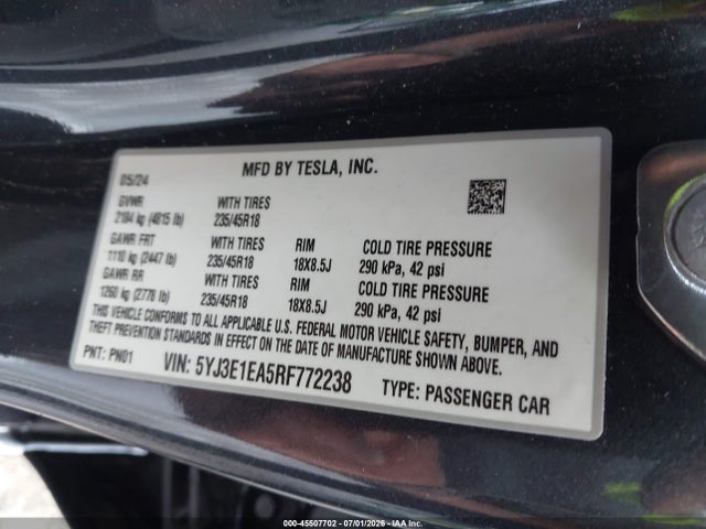 Aukcja sprzedaży 2024 Tesla Model 3 Long Range Dual Motor All-wheel Drive/rear-wheel Drive, vin: 5YJ3E1EA5RF772238, numer aukcji: 45507702