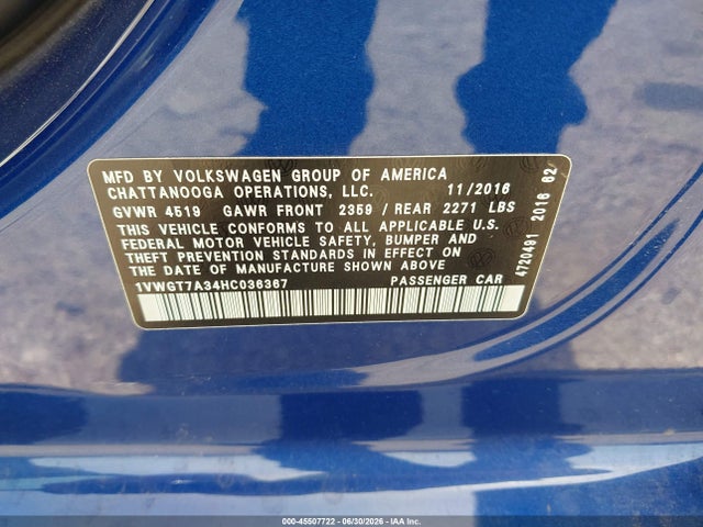 45507722 :رقم المزاد ، 1VWGT7A34HC036367 vin ، 2017 Volkswagen Passat 1.8t Se مزاد بيع