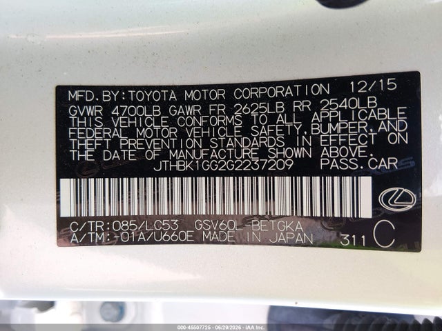 Aukcja sprzedaży 2016 Lexus Es 350, vin: JTHBK1GG2G2237209, numer aukcji: 45507725