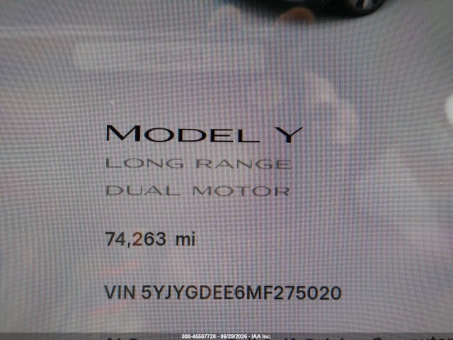 Продаж на аукціоні авто 2021 Tesla Model Y Long Range Dual Motor All-wheel Drive, vin: 5YJYGDEE6MF275020, номер лоту: 45507728