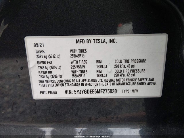 Продаж на аукціоні авто 2021 Tesla Model Y Long Range Dual Motor All-wheel Drive, vin: 5YJYGDEE6MF275020, номер лоту: 45507728