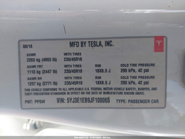 45507742 :رقم المزاد ، 5YJ3E1EB9JF100065 vin ، 2018 Tesla Model 3 Long Range/performance مزاد بيع