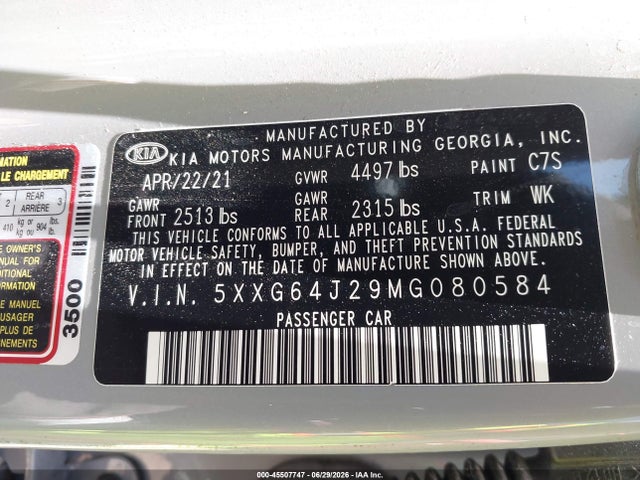 Продаж на аукціоні авто 2021 Kia K5 Gt-line, vin: 5XXG64J29MG080584, номер лоту: 45507747