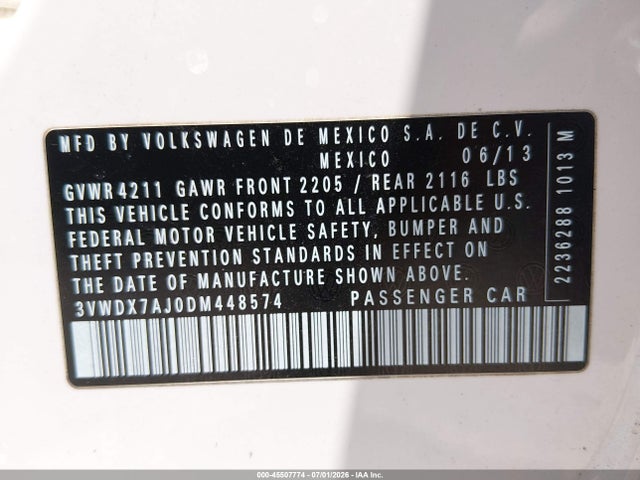 2013 Volkswagen Jetta 2.5l Se მანქანა იყიდება აუქციონზე, vin: 3VWDX7AJ0DM448574, აუქციონის ნომერი: 45507774