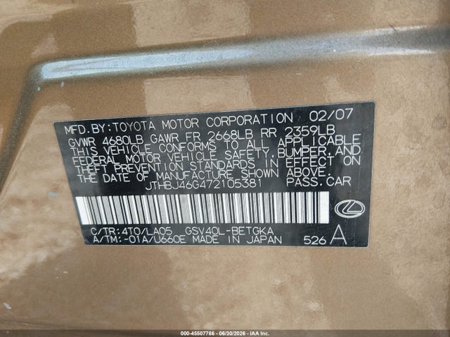 Продаж на аукціоні авто 2007 Lexus Es 350, vin: JTHBJ46G472105381, номер лоту: 45507786