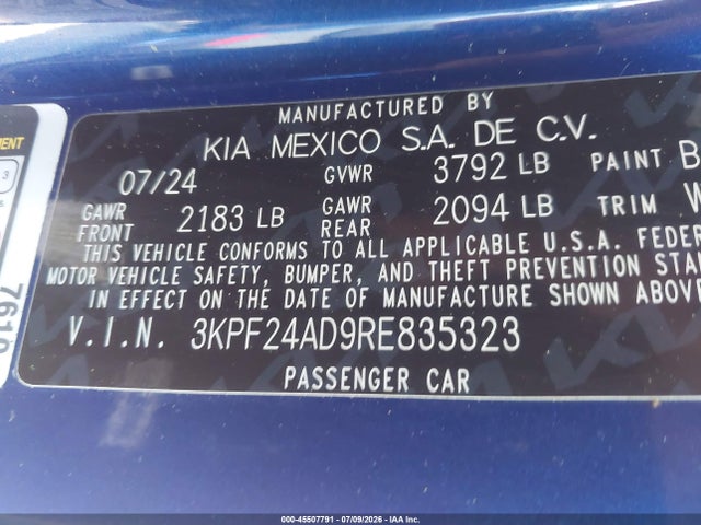 45507791 :رقم المزاد ، 3KPF24AD9RE835323 vin ، 2024 Kia Forte Lxs مزاد بيع