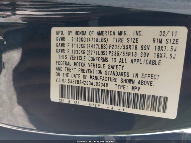 2011 Acura Rdx მანქანა იყიდება აუქციონზე, vin: 5J8TB2H20BA005349, აუქციონის ნომერი: 45507796