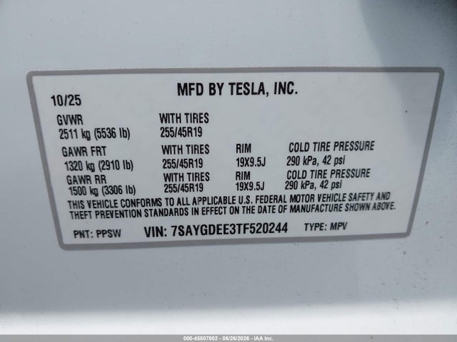 Auction sale of the 2026 Tesla Model Y, vin: 7SAYGDEE3TF520244, lot number: 45507802