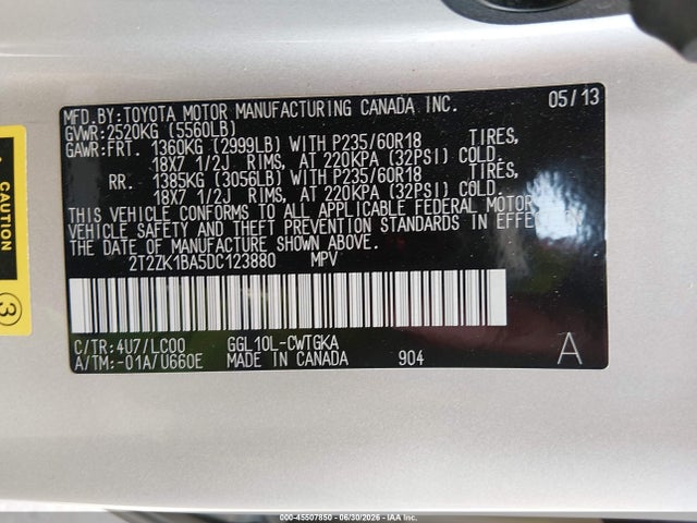 45507850 :رقم المزاد ، 2T2ZK1BA5DC123880 vin ، 2013 Lexus Rx 350 مزاد بيع
