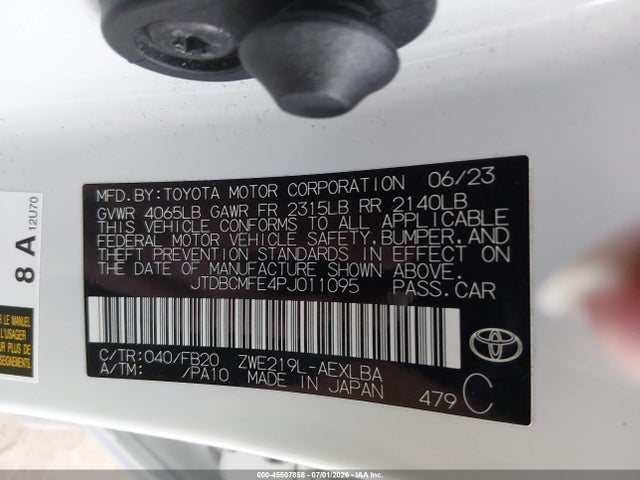 Aukcja sprzedaży 2023 Toyota Corolla Hybrid Le, vin: JTDBCMFE4PJ011095, numer aukcji: 45507858