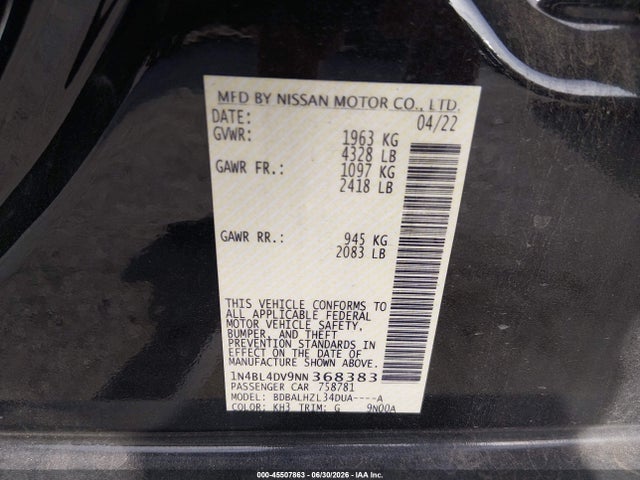 45507863 :رقم المزاد ، 1N4BL4DV9NN368383 vin ، 2022 Nissan Altima Sv Fwd مزاد بيع