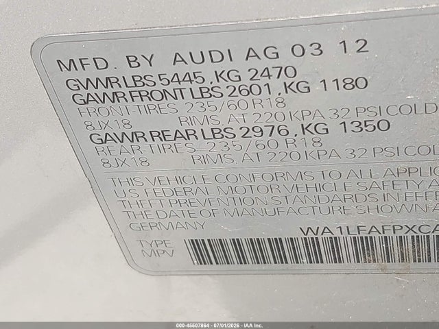 45507864 :رقم المزاد ، WA1LFAFPXCA097240 vin ، 2012 Audi Q5 2.0t Premium مزاد بيع
