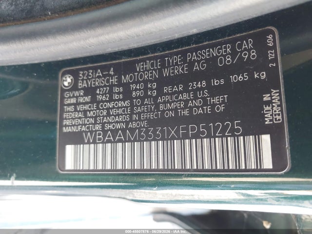Продаж на аукціоні авто 1999 Bmw 323i, vin: WBAAM3331XFP51225, номер лоту: 45507876