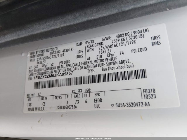 1FBZX2ZM6JKA99857 Ford Transit-350 Xl/xlt