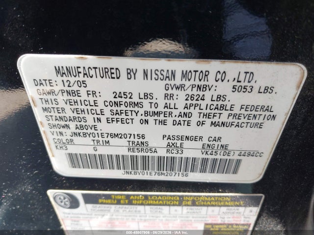 Auction sale of the 2006 Infiniti M45, vin: JNKBY01E76M207156, lot number: 45507906
