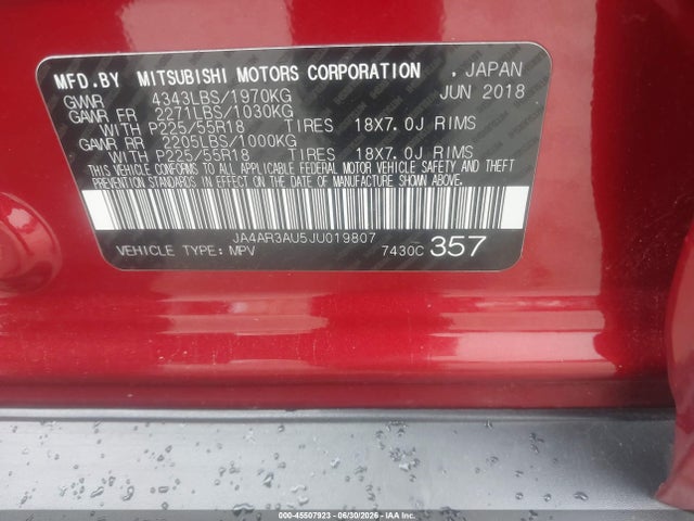 2018 Mitsubishi Outlander Sport 2.0 Es/2.0 Le მანქანა იყიდება აუქციონზე, vin: JA4AR3AU5JU019807, აუქციონის ნომერი: 45507923