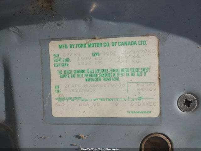 Auction sale of the 1989 Ford Tempo Gl, vin: 2FAPP36X6KB179006, lot number: 45507932