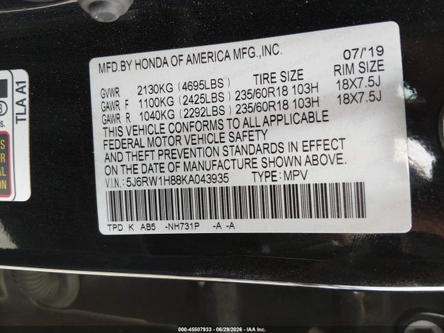 Honda Cr-v Ex-l 2019 5J6RW1H88KA043935 Image 9