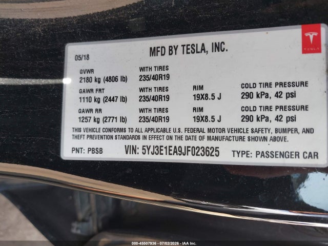5YJ3E1EA9JF023625 Tesla Model 3 Long Range/mid Range