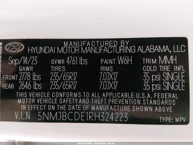 Продажа на аукционе авто 2024 Hyundai Tucson Sel, vin: 5NMJBCDE1RH324223, номер лота: 45507944