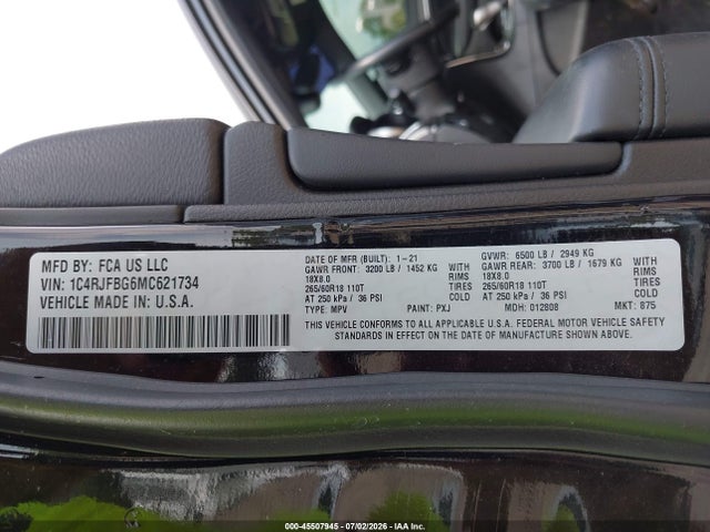 2021 Jeep Grand Cherokee Limited 4x4 მანქანა იყიდება აუქციონზე, vin: 1C4RJFBG6MC621734, აუქციონის ნომერი: 45507945