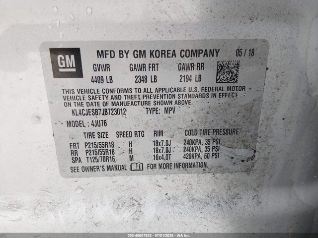 2018 Buick Encore Preferred მანქანა იყიდება აუქციონზე, vin: KL4CJESB7JB723012, აუქციონის ნომერი: 45507952