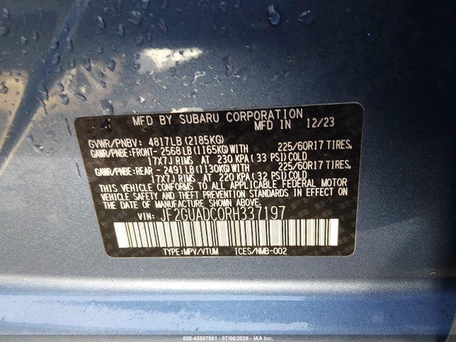 Aukcja sprzedaży 2024 Subaru Crosstrek Premium, vin: JF2GUADC0RH337197, numer aukcji: 45507961