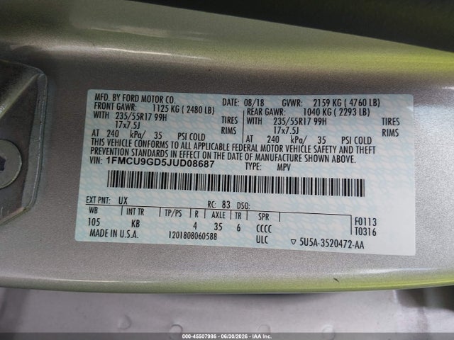 Ford ESCAPE SE 2018 1FMCU9GD5JUD08687 Image 9