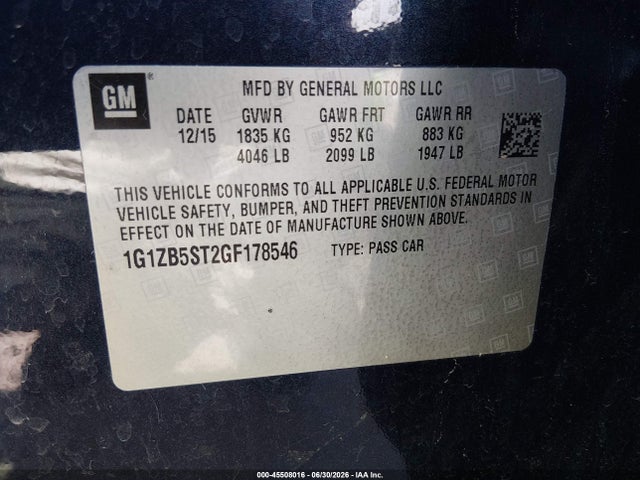 2016 Chevrolet Malibu Ls მანქანა იყიდება აუქციონზე, vin: 1G1ZB5ST2GF178546, აუქციონის ნომერი: 45508016