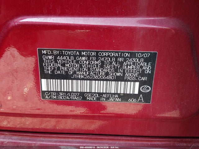 45508018 :رقم المزاد ، JTHBK262382064801 vin ، 2008 Lexus Is 250 مزاد بيع