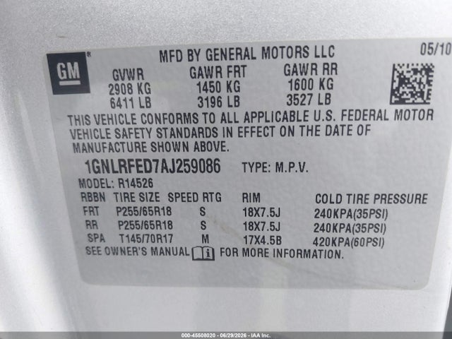 45508020 :رقم المزاد ، 1GNLRFED7AJ259086 vin ، 2010 Chevrolet Traverse Lt مزاد بيع